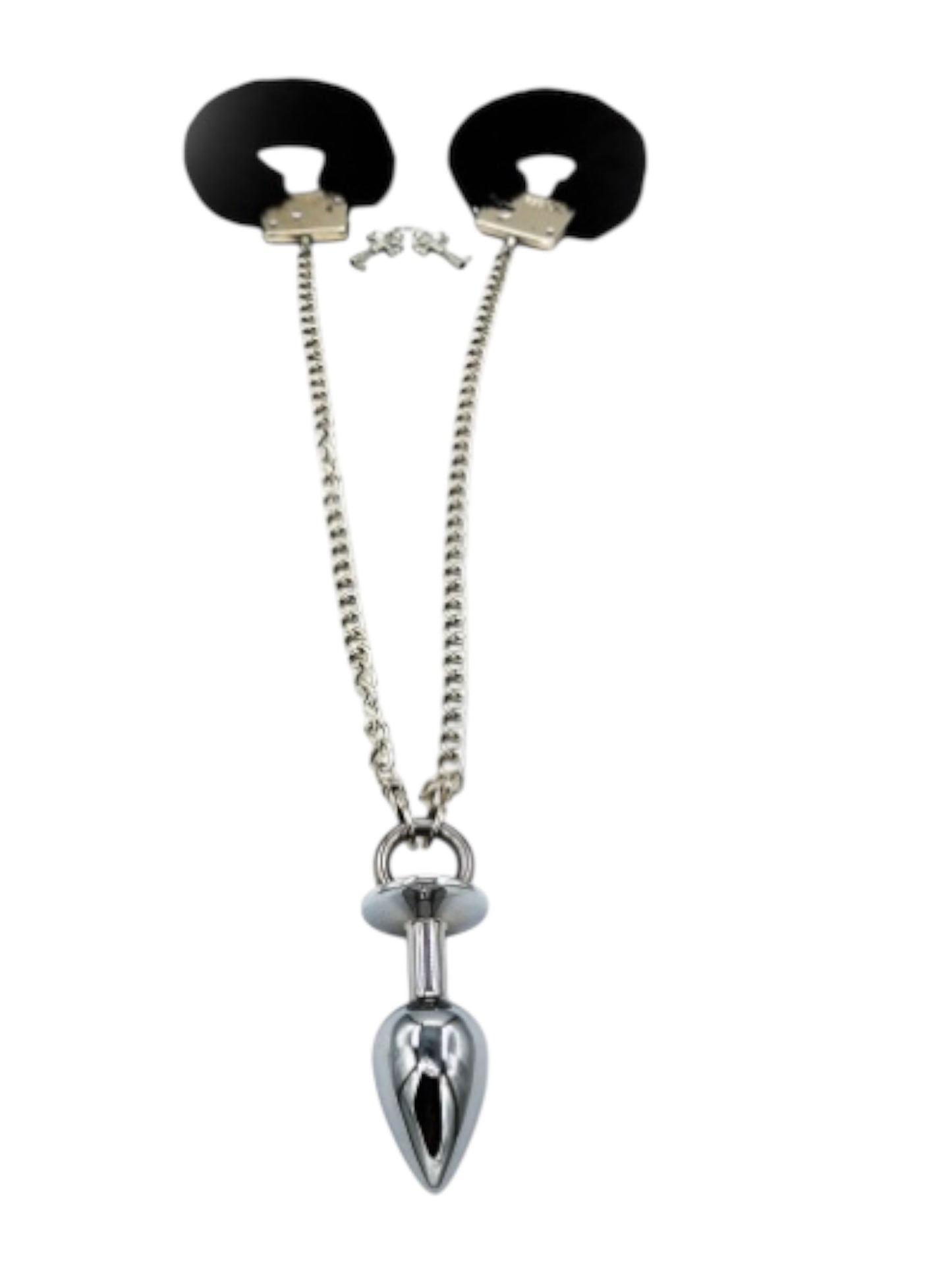 Black Fluffy Handcuffs with Stainless Steel Anal Plug. Anal sex toys Australia- BehindClosedDoors.